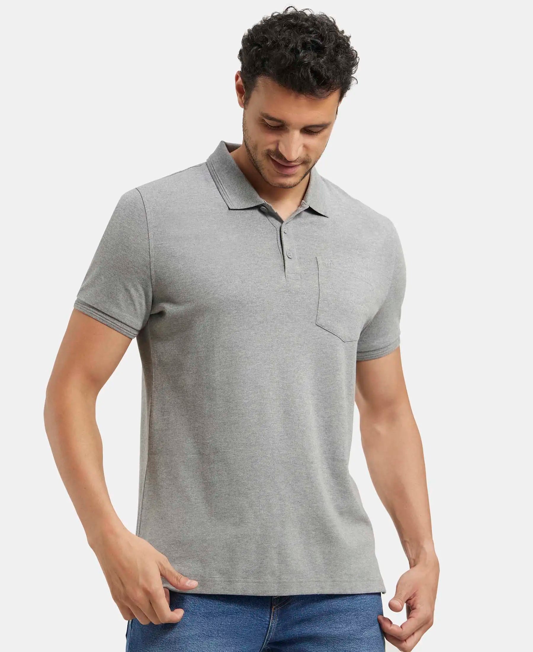 Super Combed Cotton Rich Solid Half Sleeve Polo T-Shirt with Chest Pocket - Mid Grey Melange