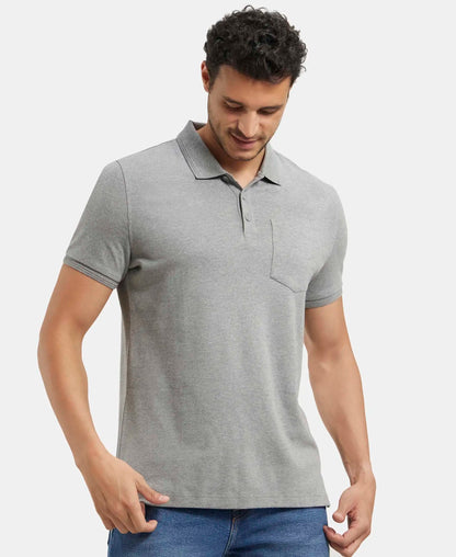 Super Combed Cotton Rich Solid Half Sleeve Polo T-Shirt with Chest Pocket - Mid Grey Melange