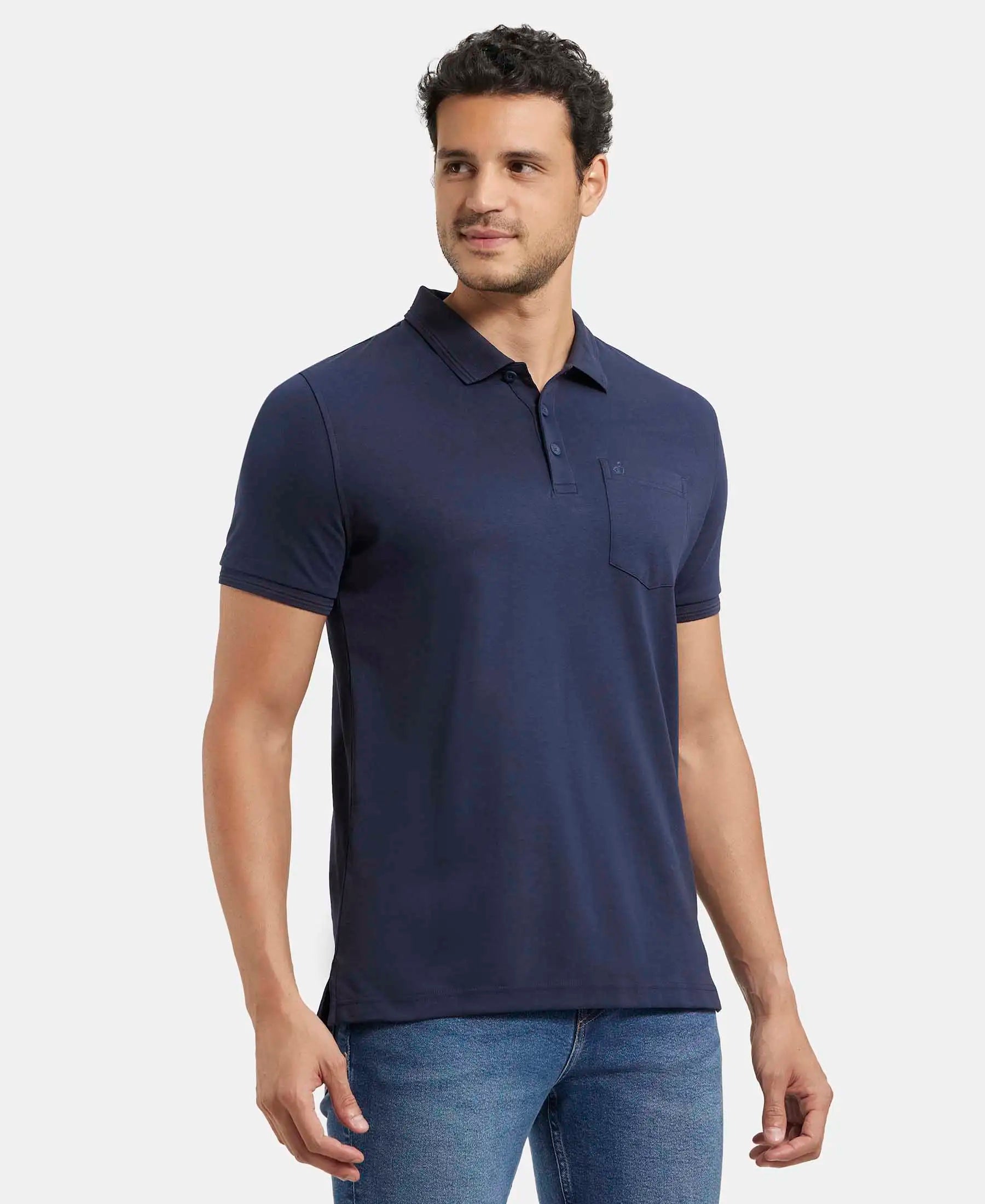 Super Combed Cotton Rich Solid Half Sleeve Polo T-Shirt with Chest Pocket - Navy