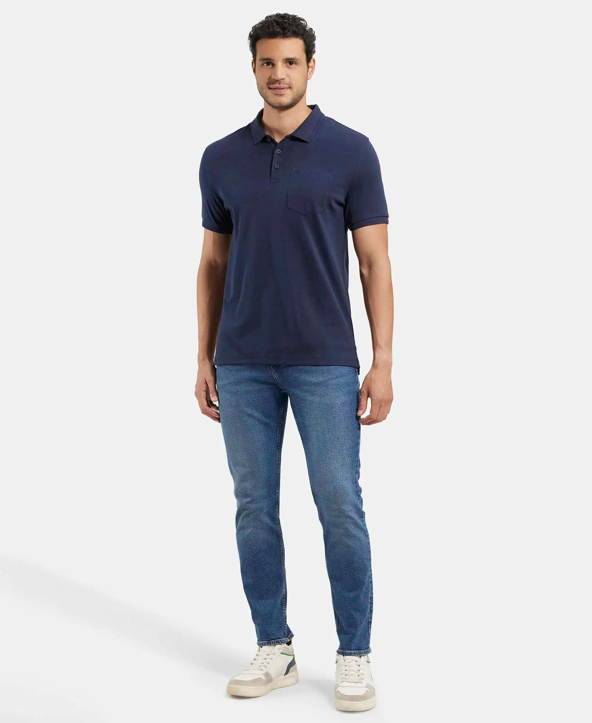 Super Combed Cotton Rich Solid Half Sleeve Polo T-Shirt with Chest Pocket - Navy