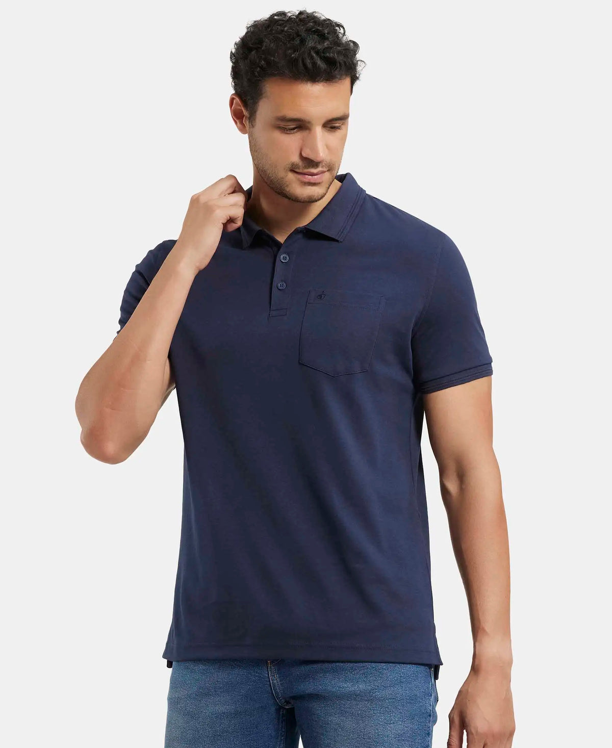 Super Combed Cotton Rich Solid Half Sleeve Polo T-Shirt with Chest Pocket - Navy