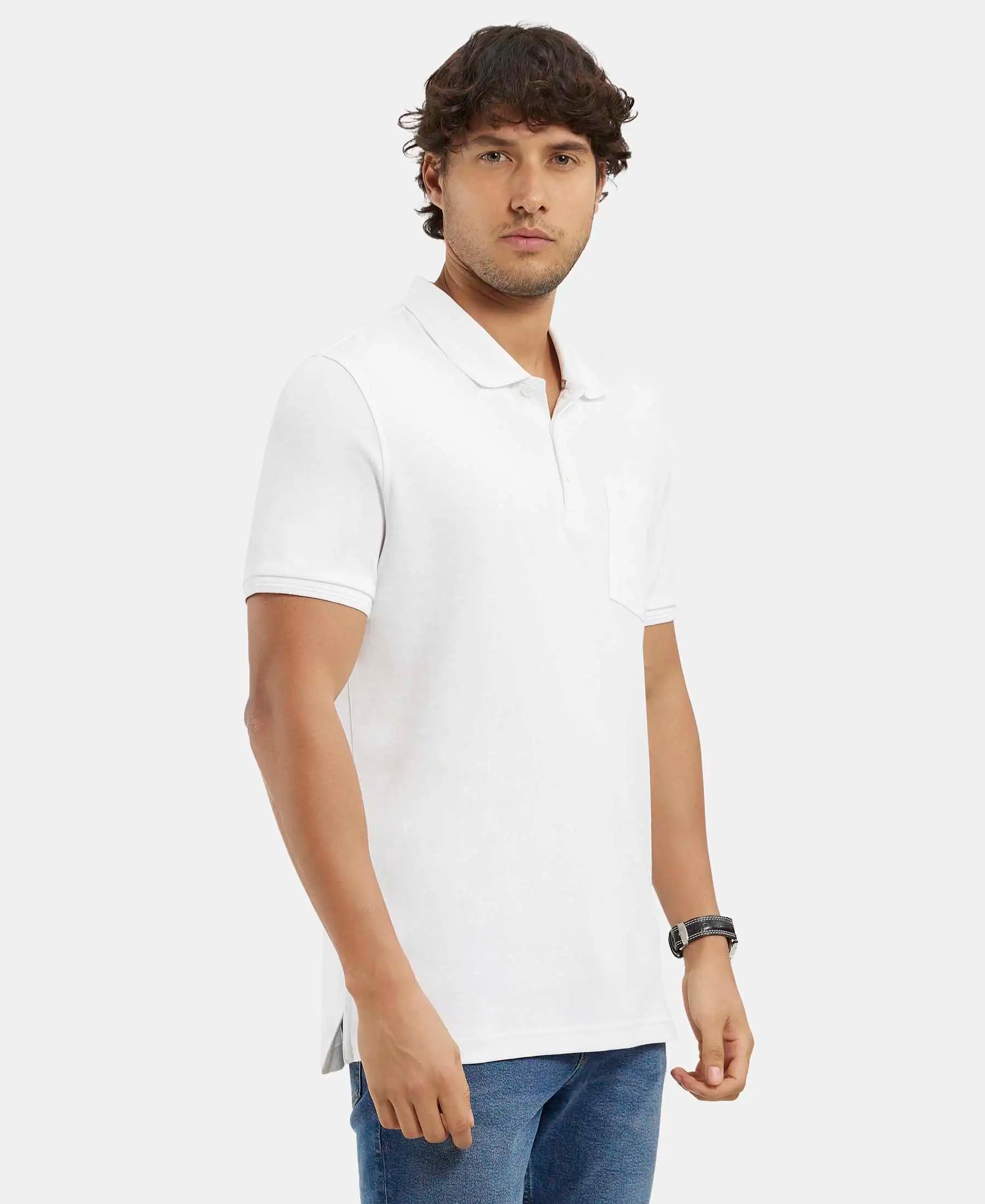 Super Combed Cotton Rich Solid Half Sleeve Polo T-Shirt with Chest Pocket - White