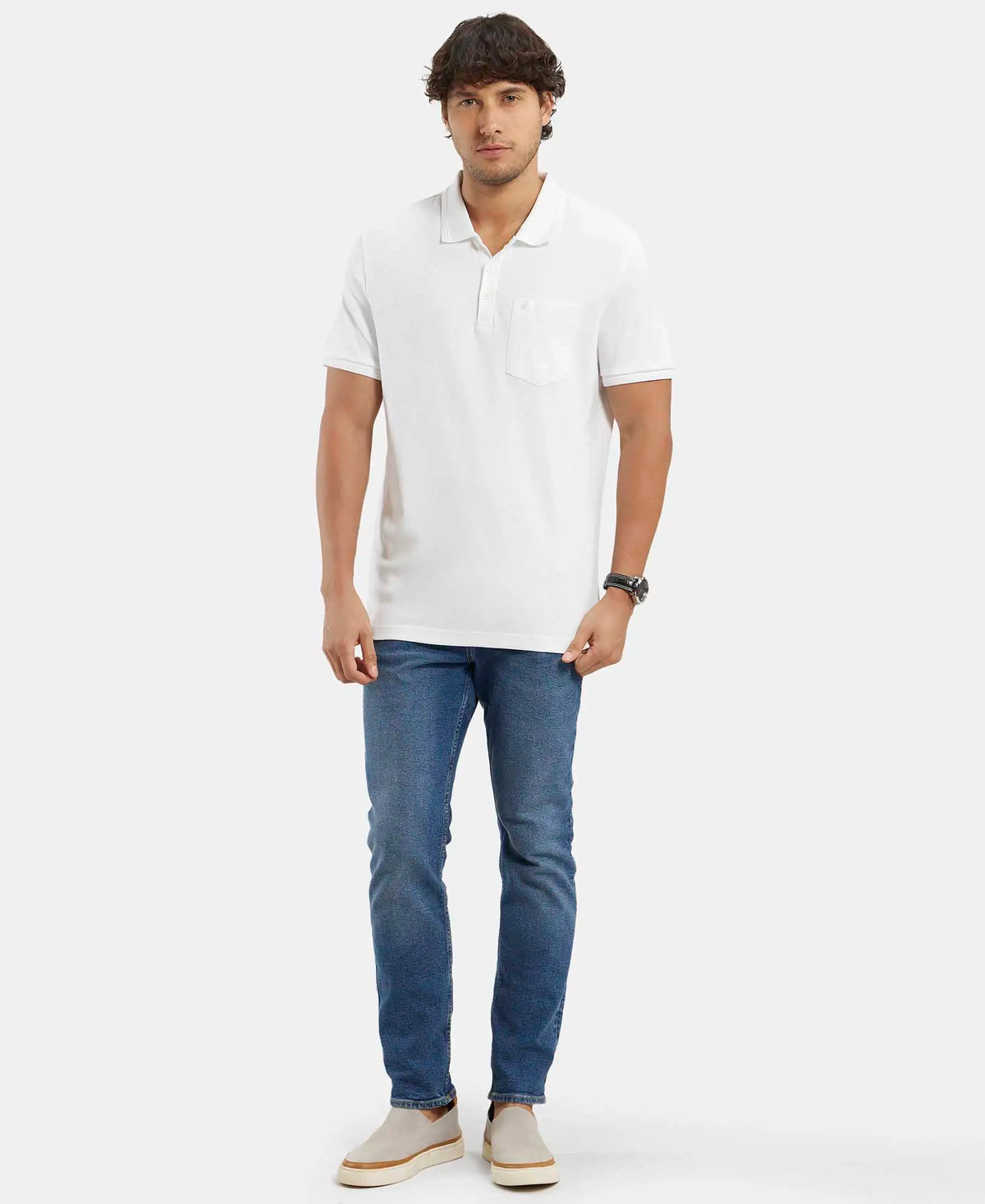 Super Combed Cotton Rich Solid Half Sleeve Polo T-Shirt with Chest Pocket - White
