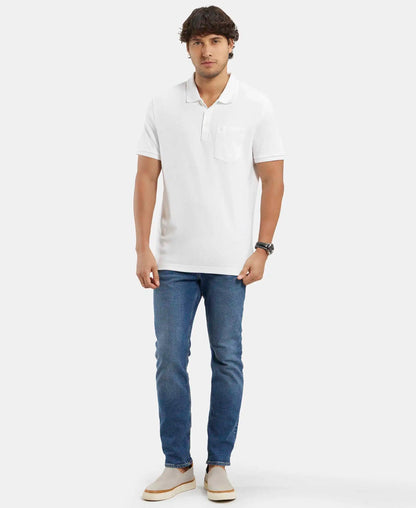 Super Combed Cotton Rich Solid Half Sleeve Polo T-Shirt with Chest Pocket - White