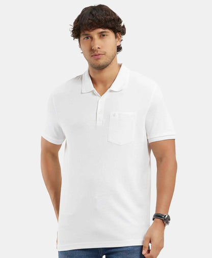 Super Combed Cotton Rich Solid Half Sleeve Polo T-Shirt with Chest Pocket - White