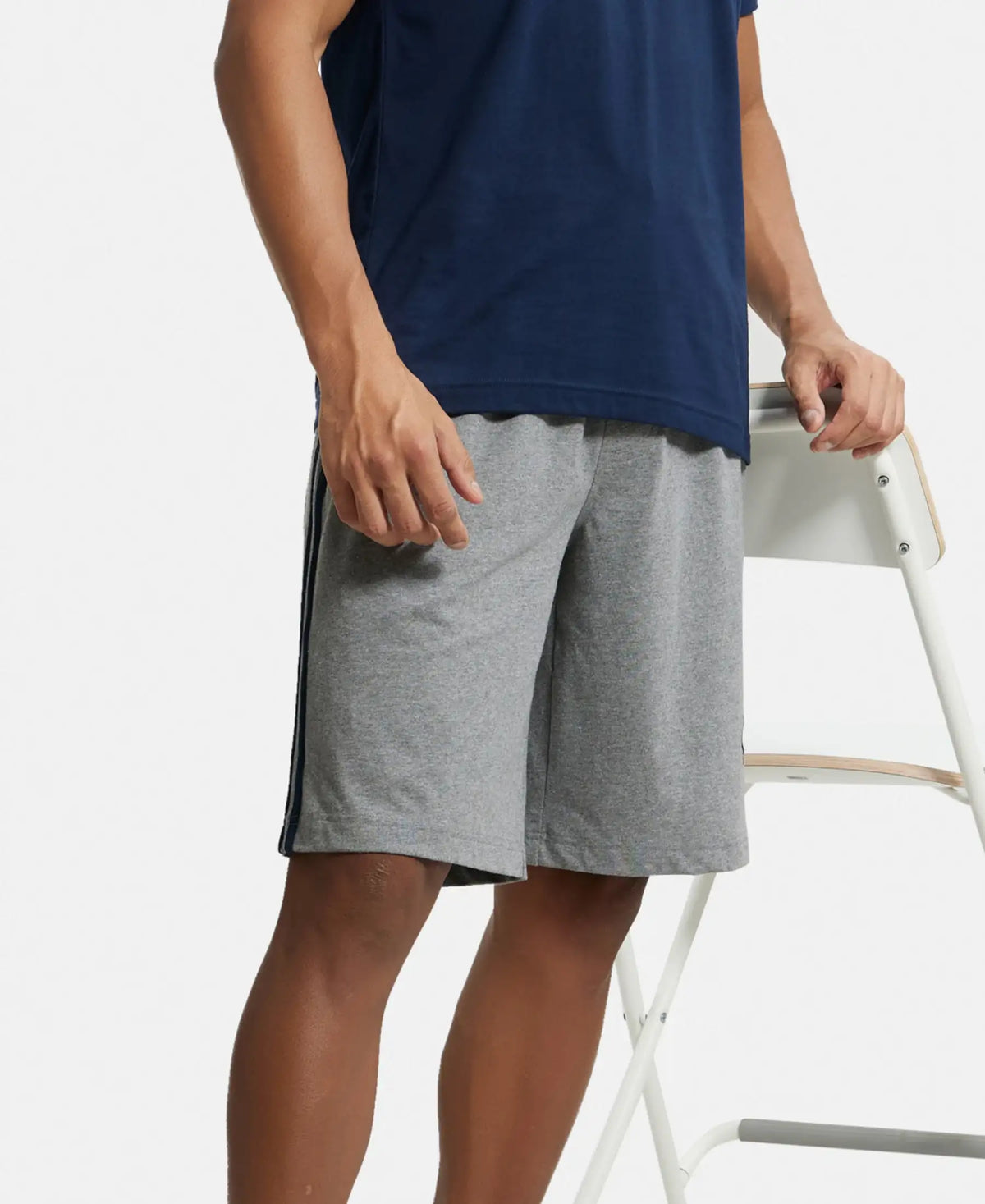 Super Combed Cotton Rich Regular Fit Shorts with Side Pockets - Grey Melange & Navy