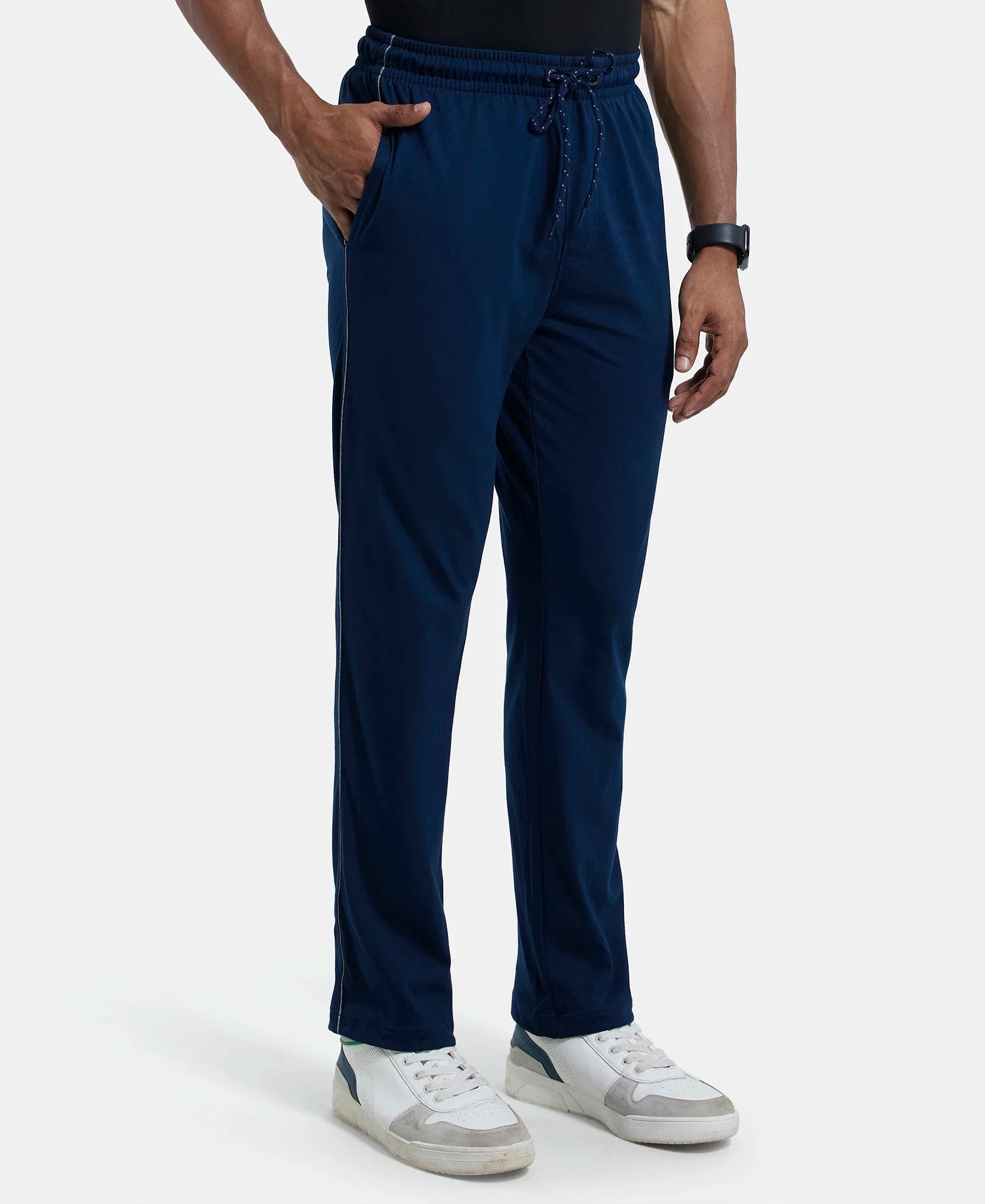 Super Combed Cotton Rich Regular Fit Trackpant with Side Pockets - Navy & Grey Melange