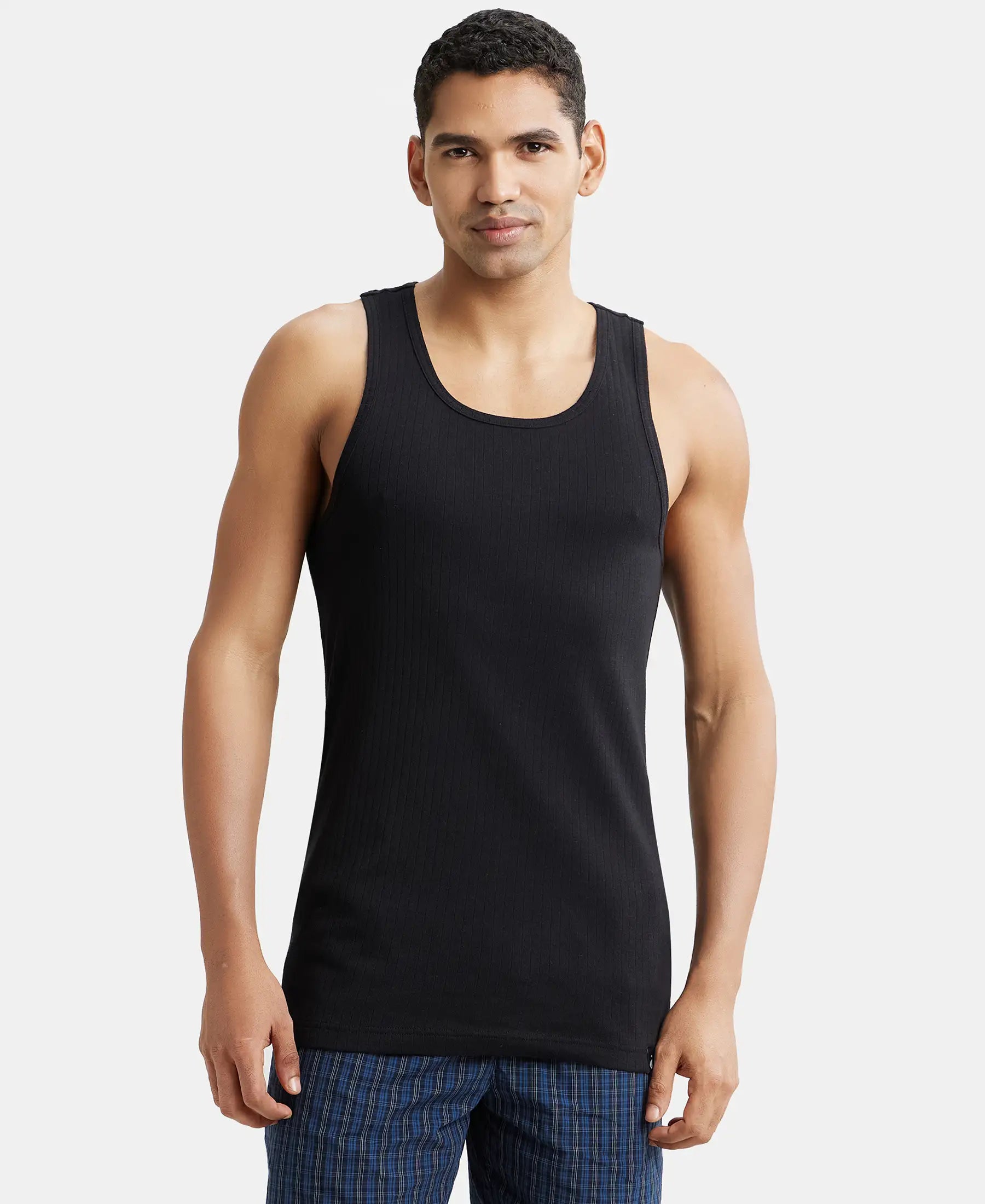 Super Combed Cotton Rib Round Neck with Racerback Gym Vest - Black