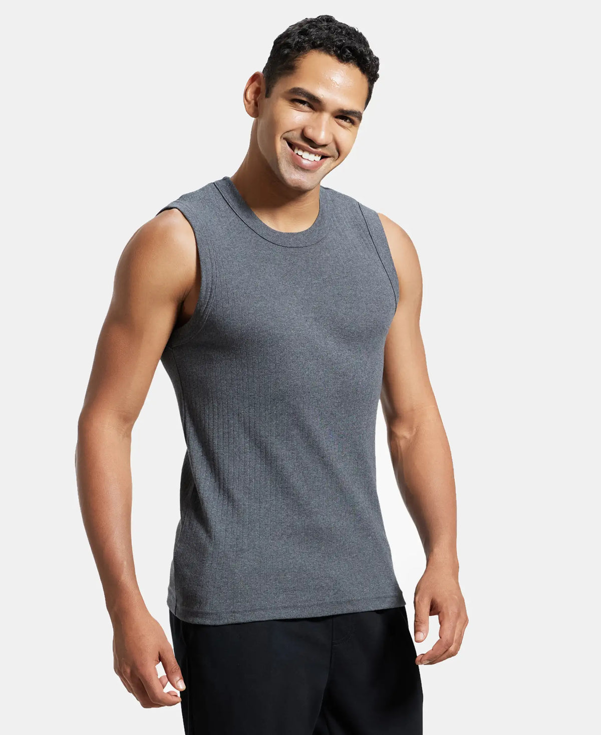 Super Combed Cotton Rib Solid Round Neck Muscle Vest - Charcoal Melange