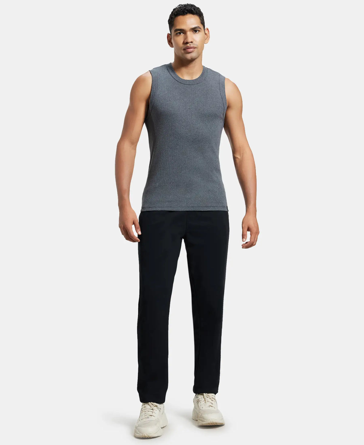 Super Combed Cotton Rib Solid Round Neck Muscle Vest - Charcoal Melange