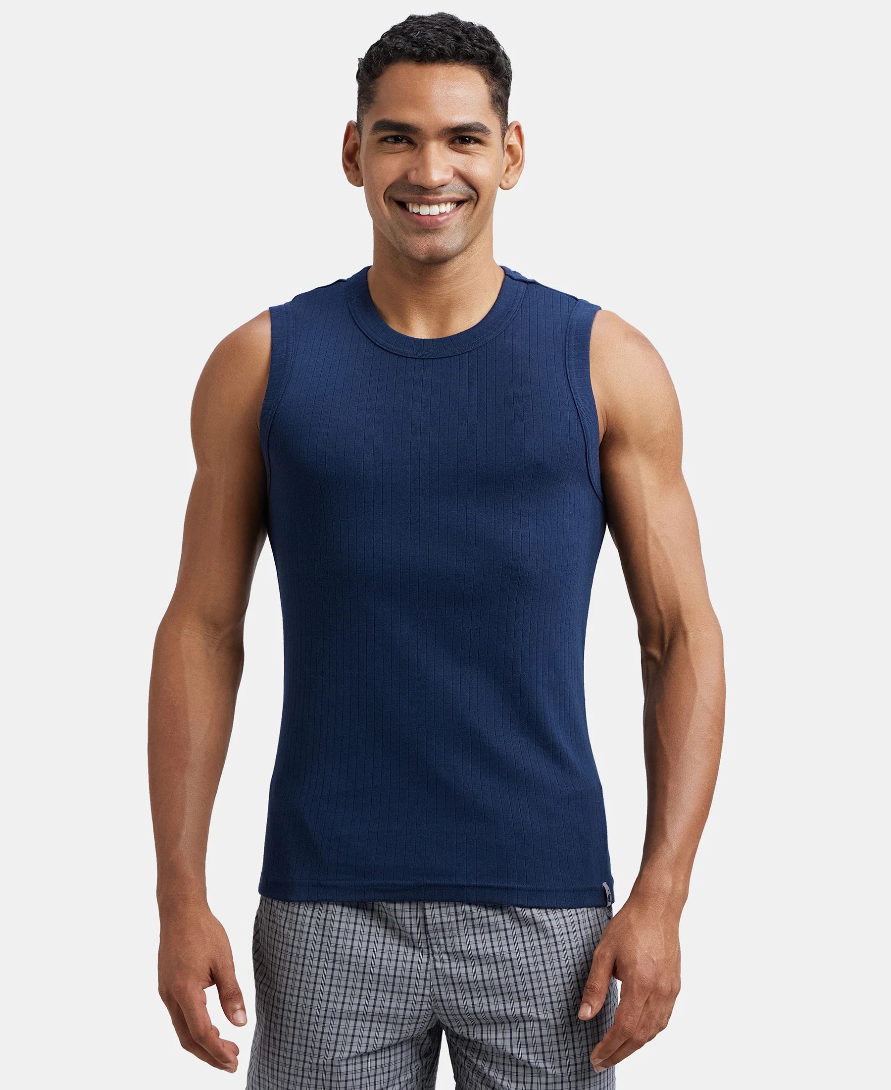 Super Combed Cotton Rib Solid Round Neck Muscle Vest - Navy