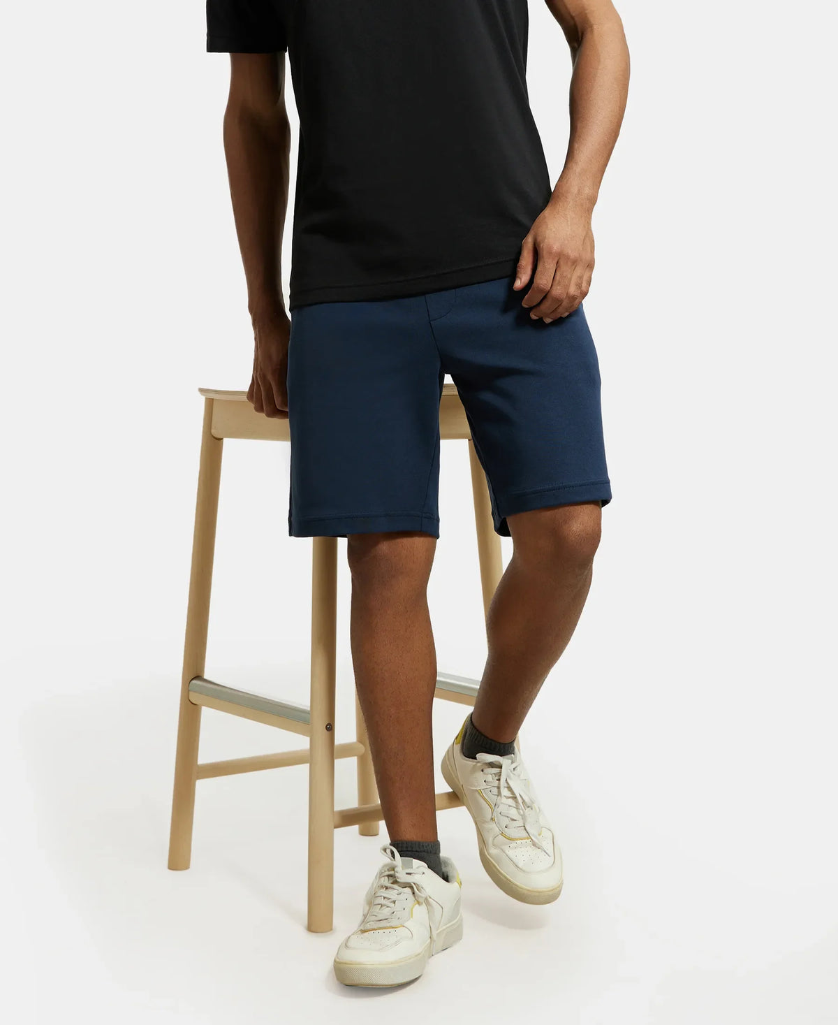 Super Combed Cotton Rich Straight Fit Shorts with Zipper Pockets - Navy