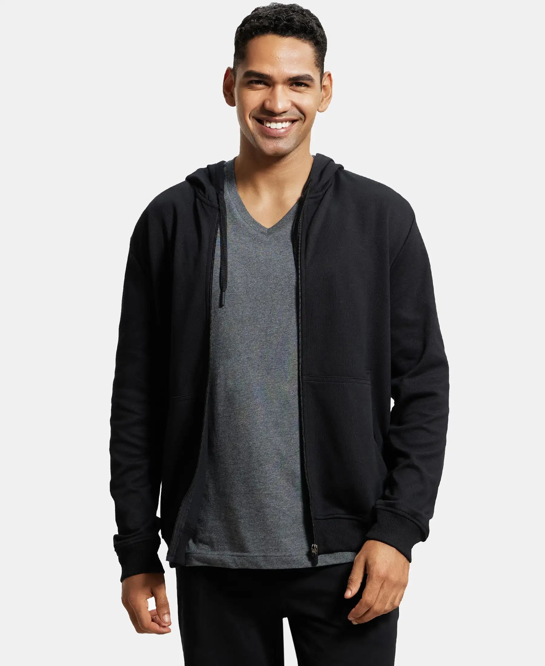 Super Combed Cotton Rich Pique Hoodie Jacket with Ribbed Cuffs - Black