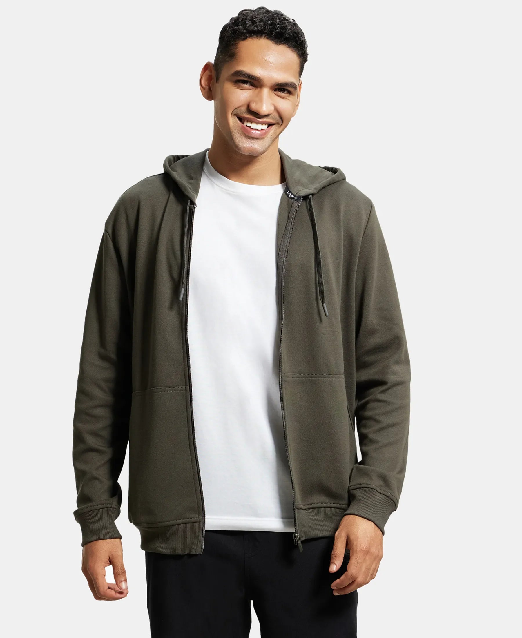Super Combed Cotton Rich Pique Hoodie Jacket with Ribbed Cuffs - Deep Olive