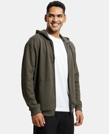 Super Combed Cotton Rich Pique Hoodie Jacket with Ribbed Cuffs - Deep Olive