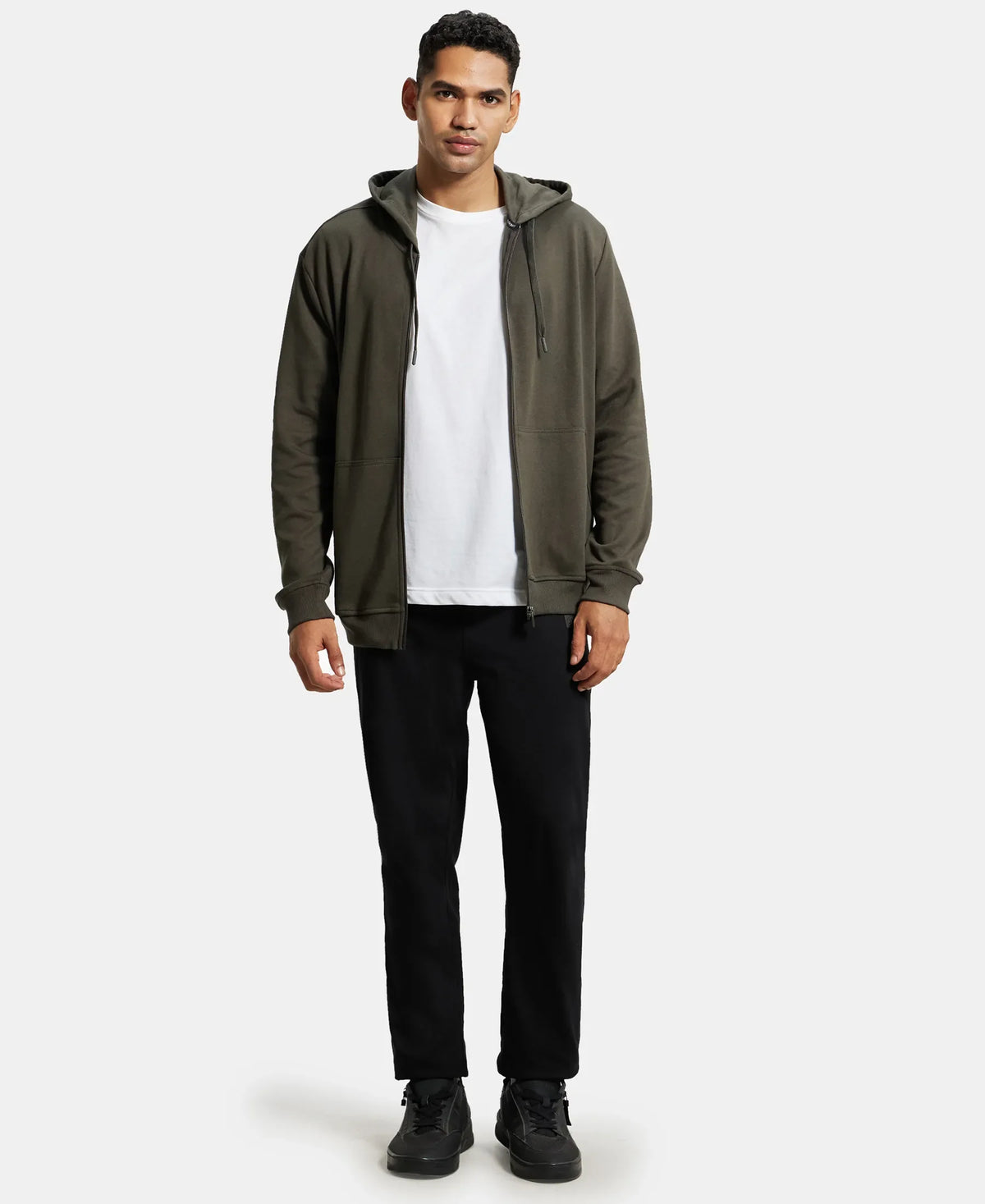 Super Combed Cotton Rich Pique Hoodie Jacket with Ribbed Cuffs - Deep Olive