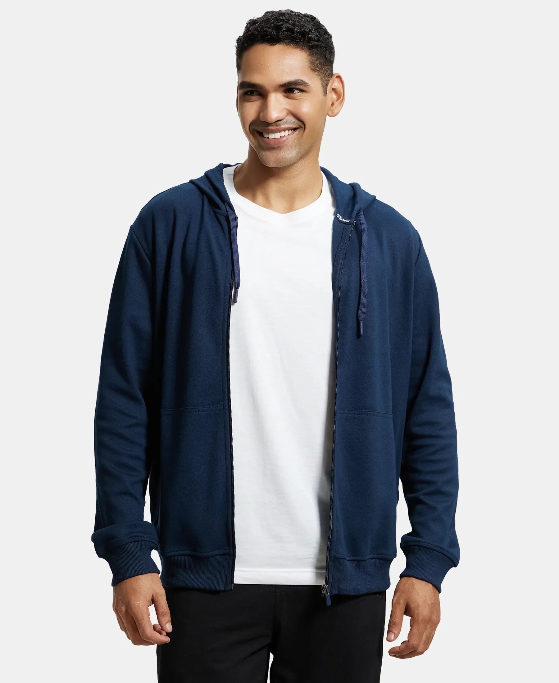 Super Combed Cotton Rich Pique Hoodie Jacket with Ribbed Cuffs - Navy