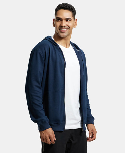 Super Combed Cotton Rich Pique Hoodie Jacket with Ribbed Cuffs - Navy