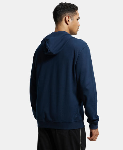 Super Combed Cotton Rich Pique Hoodie Jacket with Ribbed Cuffs - Navy
