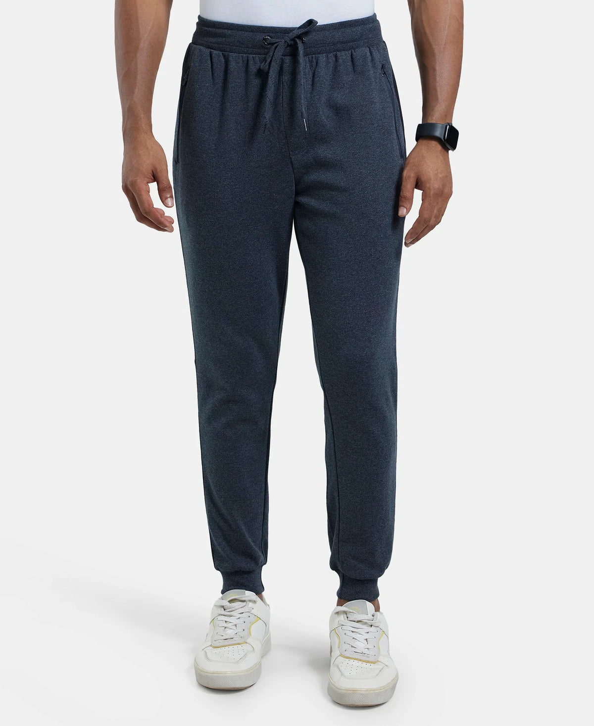 Super Combed Cotton Rich Slim Fit Jogger with Zipper Pockets - True Black Melange & Black