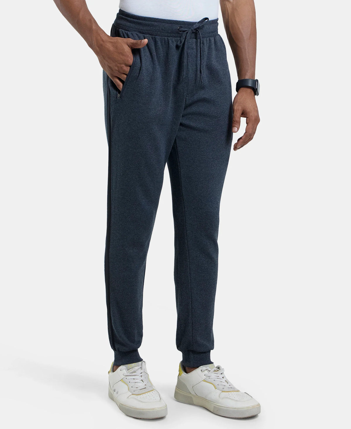 Super Combed Cotton Rich Slim Fit Jogger with Zipper Pockets - True Black Melange & Black