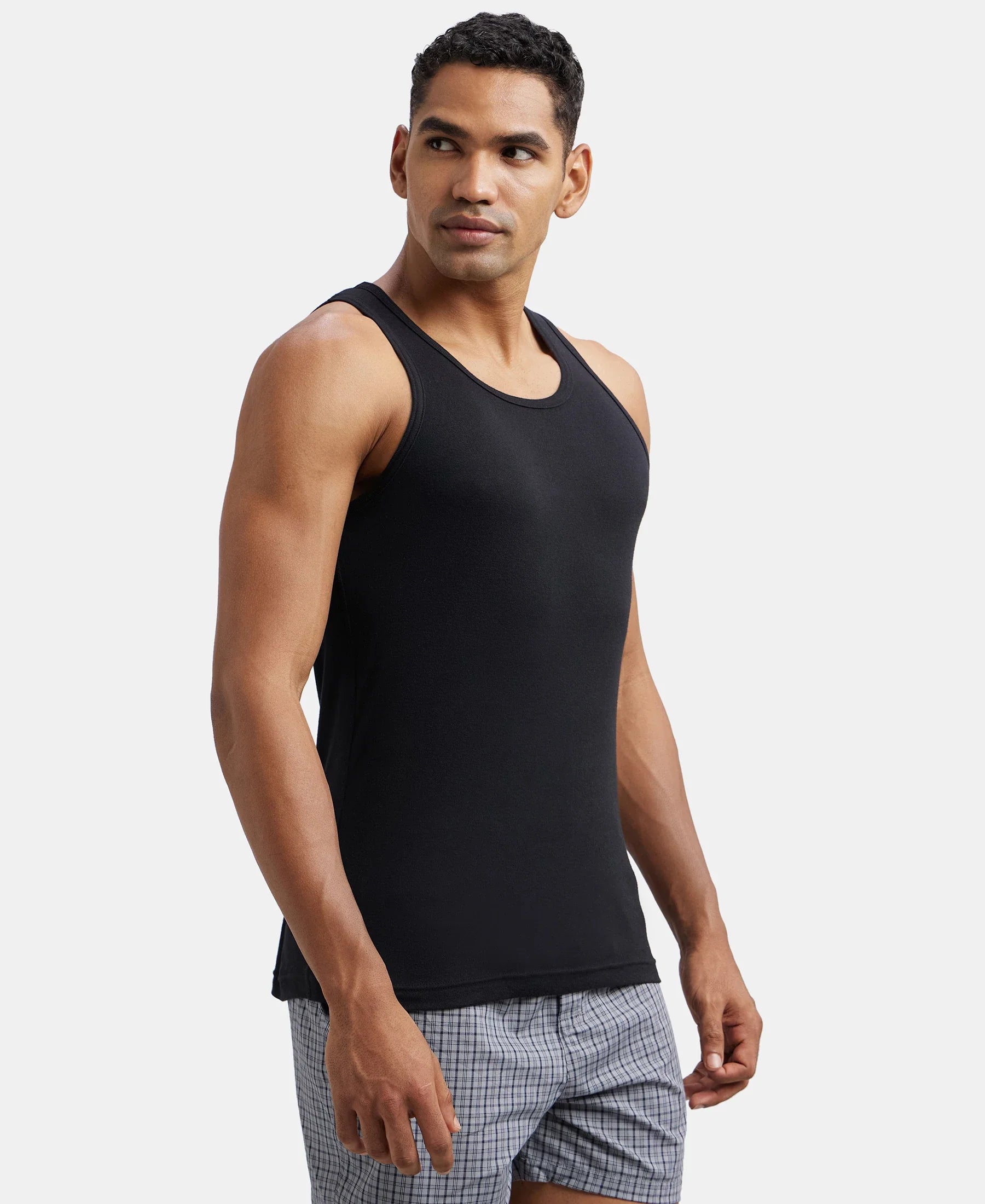 Super Combed Cotton Rib Round Neck Sleeveless Vest - Black & Neon Blue