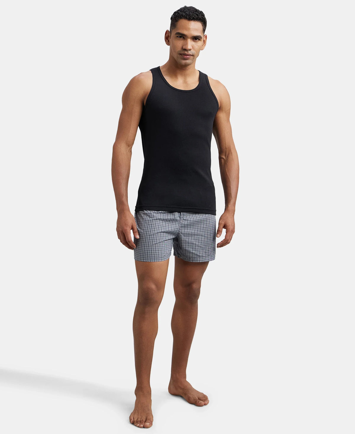 Super Combed Cotton Rib Round Neck Sleeveless Vest - Black & Neon Blue