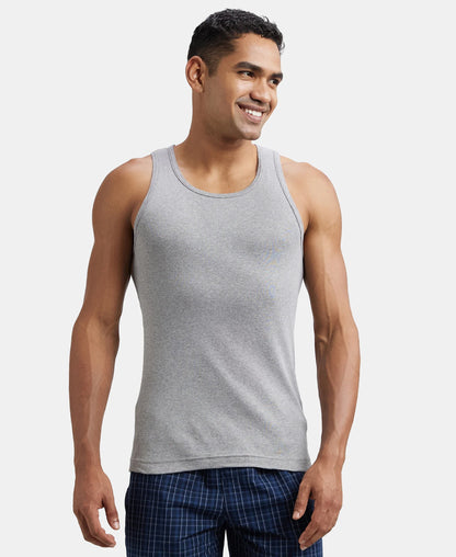 Super Combed Cotton Rib Round Neck Sleeveless Vest - Grey Melange & Teal Green