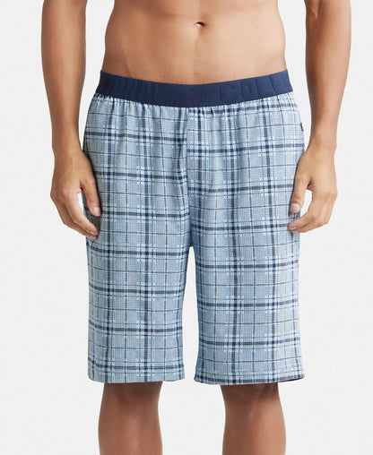Tencel Micro Modal Cotton Elastane Stretch Regular Fit Checkered Sleep Shorts with Side Pockets - Light Blue Print1
