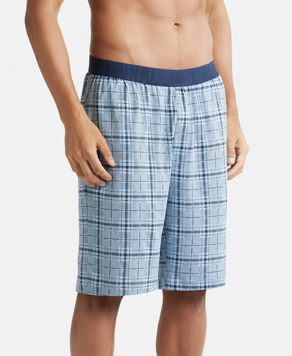 Tencel Micro Modal Cotton Elastane Stretch Regular Fit Checkered Sleep Shorts with Side Pockets - Light Blue Print1