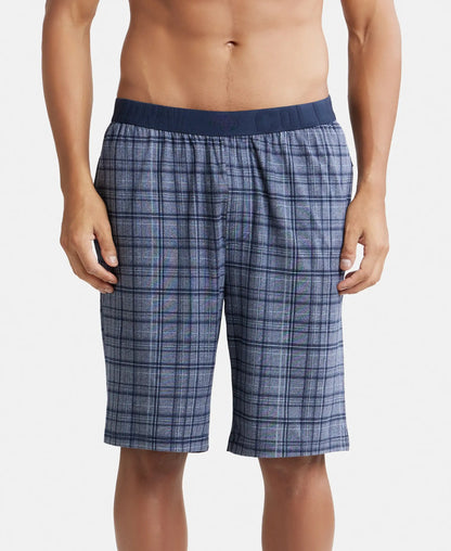 Tencel Micro Modal Cotton Elastane Stretch Regular Fit Checkered Sleep Shorts with Side Pockets - Mid Blue Print1