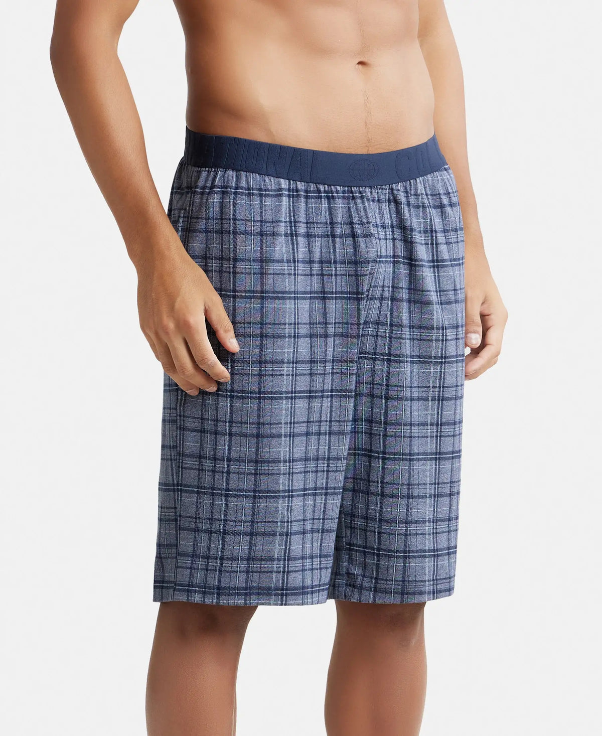 Tencel Micro Modal Cotton Elastane Stretch Regular Fit Checkered Sleep Shorts with Side Pockets - Mid Blue Print1