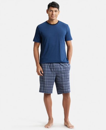 Tencel Micro Modal Cotton Elastane Stretch Regular Fit Checkered Sleep Shorts with Side Pockets - Mid Blue Print1