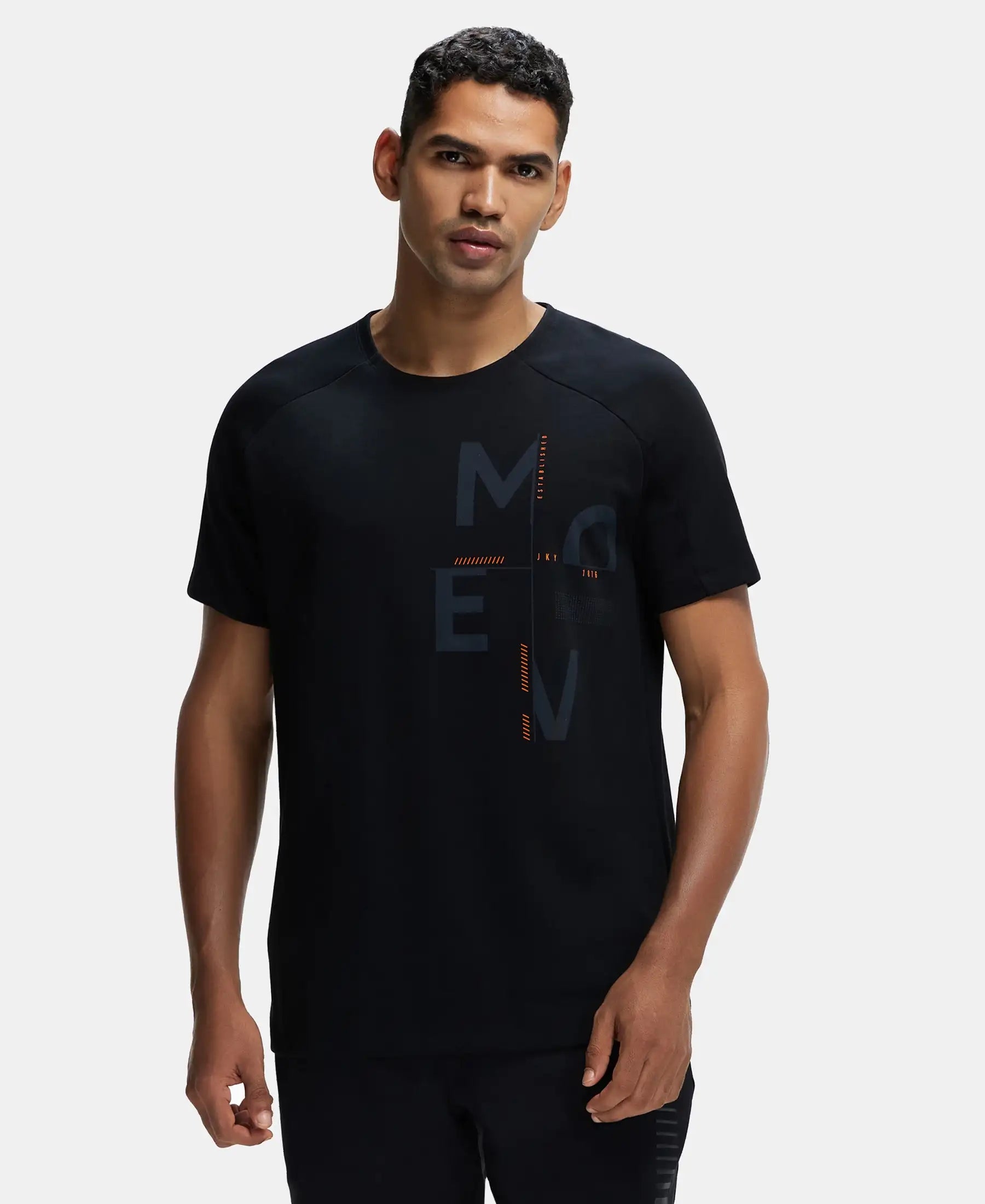 Super Combed Cotton Blend Graphic Printed Round Neck Half Sleeve T-Shirt with Stay Fresh Treatment - Black