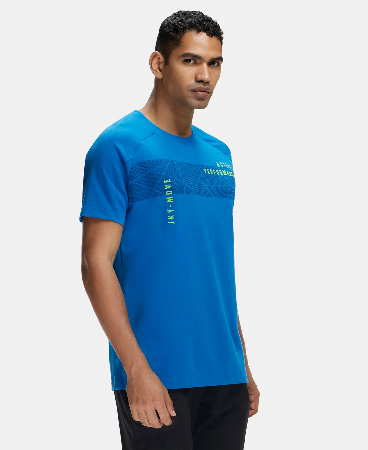 Super Combed Cotton Blend Graphic Printed Round Neck Half Sleeve T-Shirt with Stay Fresh Treatment - Move Blue