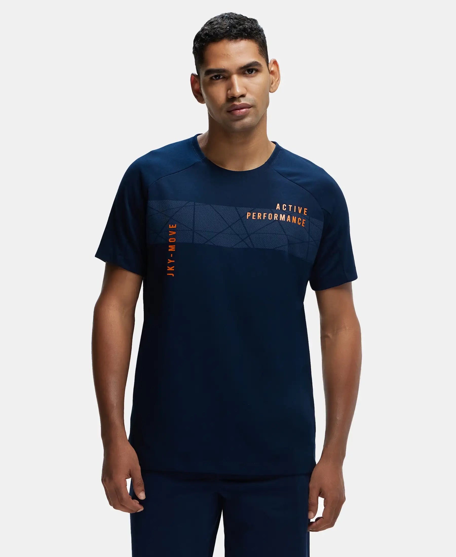 Super Combed Cotton Blend Graphic Printed Round Neck Half Sleeve T-Shirt with Stay Fresh Treatment - Navy