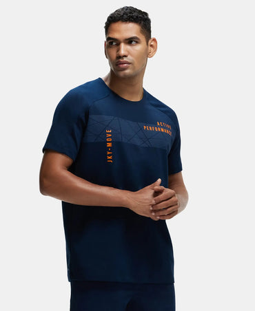 Super Combed Cotton Blend Graphic Printed Round Neck Half Sleeve T-Shirt with Stay Fresh Treatment - Navy