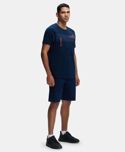 Super Combed Cotton Blend Graphic Printed Round Neck Half Sleeve T-Shirt with Stay Fresh Treatment - Navy