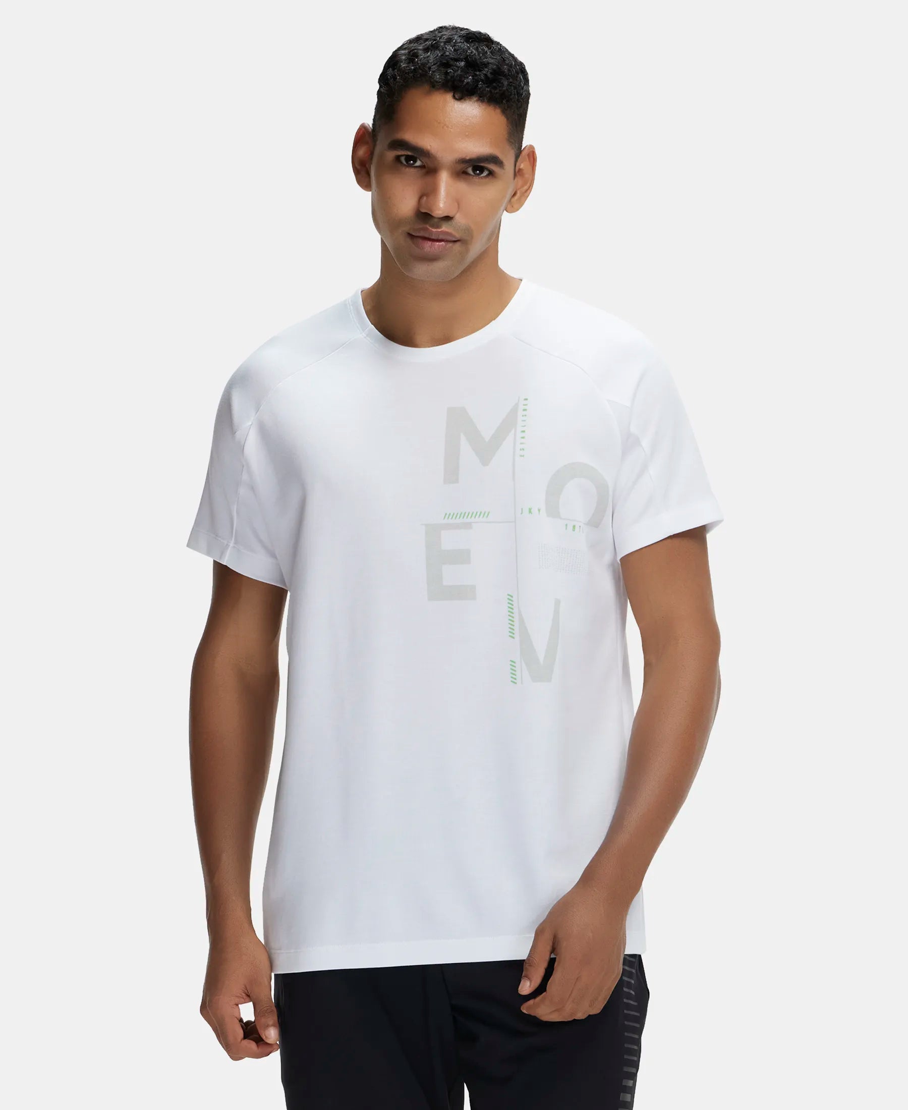 Super Combed Cotton Blend Graphic Printed Round Neck Half Sleeve T-Shirt with Stay Fresh Treatment - White