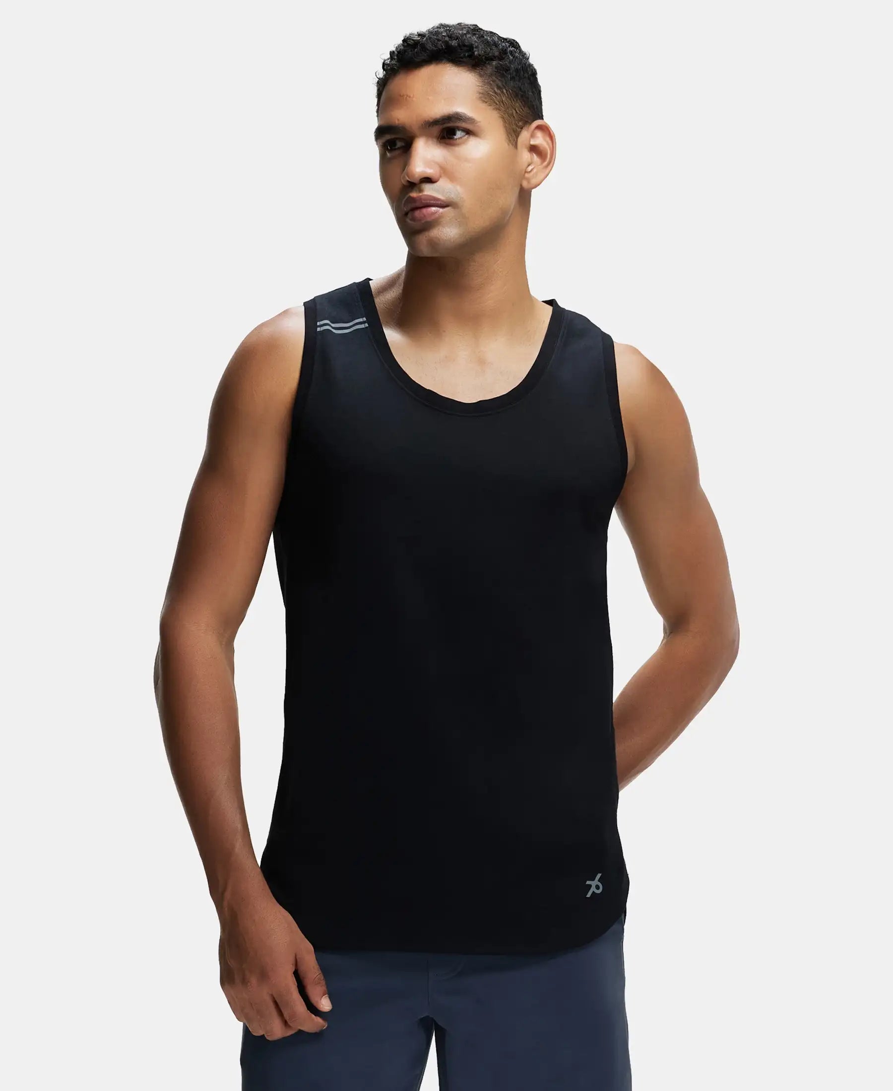 Super Combed Cotton Blend Solid Performance Tank Top with Breathable Mesh - Black