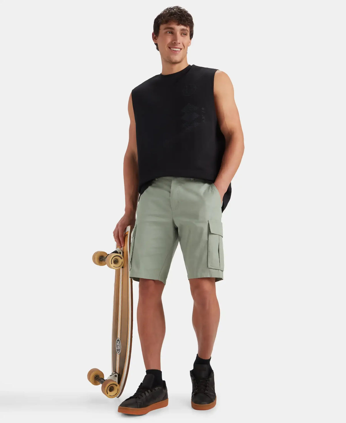 Super Combed Cotton Woven Straight Fit Cargo Shorts with Seven Pockets - Iceberg Green